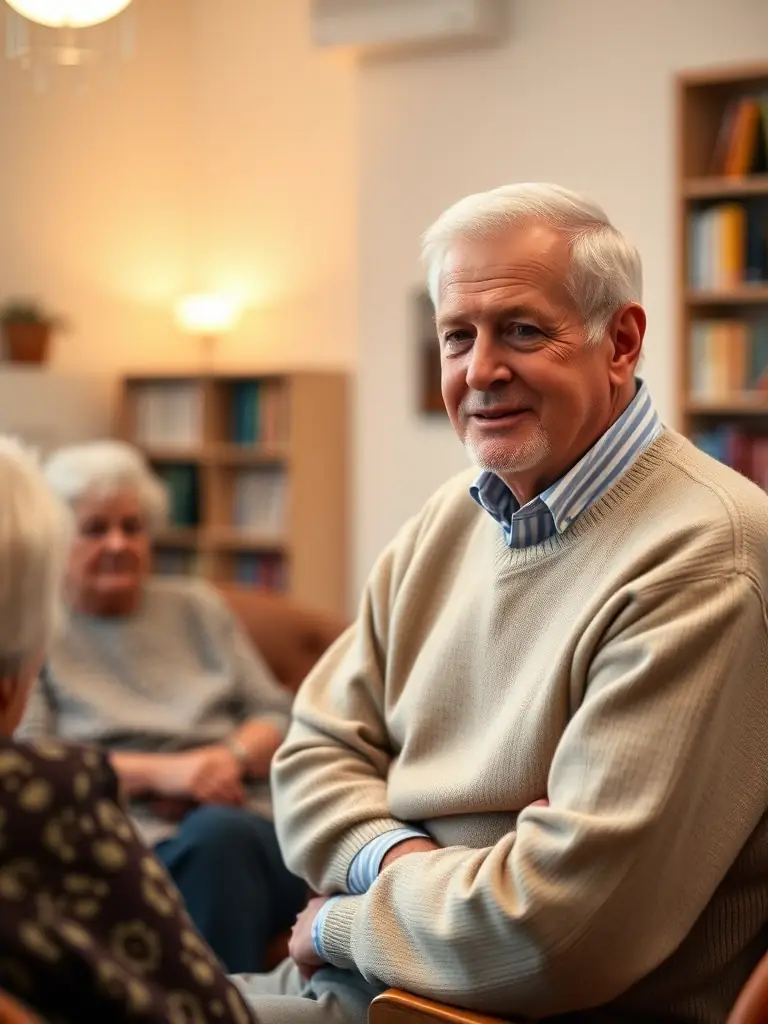 An elder speaking to a small attentive group, sharing a heartfelt story during a wisdom sharing session at Calmgrandpa, with participants listening intently.