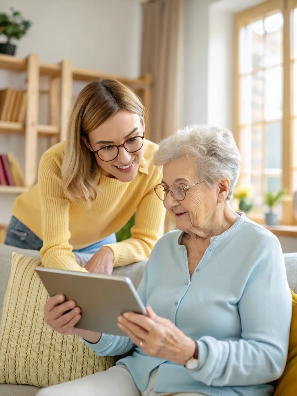 A heartwarming image of a senior helping another with a tech device during a workshop at Calmgrandpa, showcasing the center's supportive and inclusive environment.