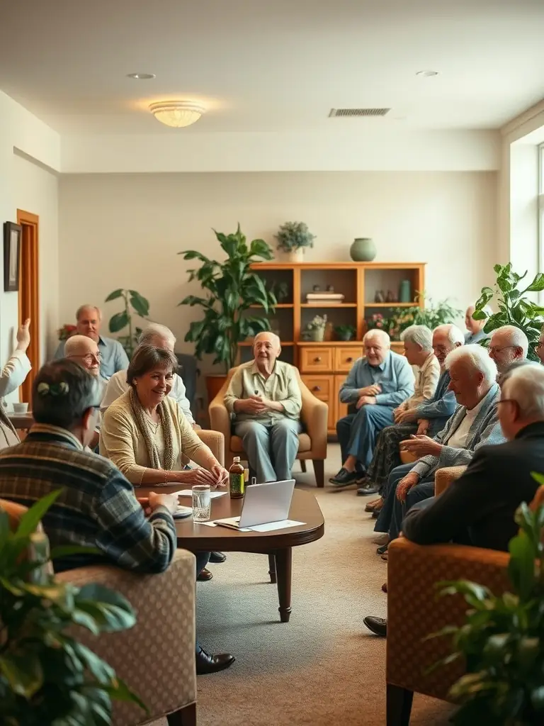 A lively photo of seniors enjoying a group activity in a cozy, welcoming space, laughing and interacting with each other during a community gathering at Calmgrandpa.