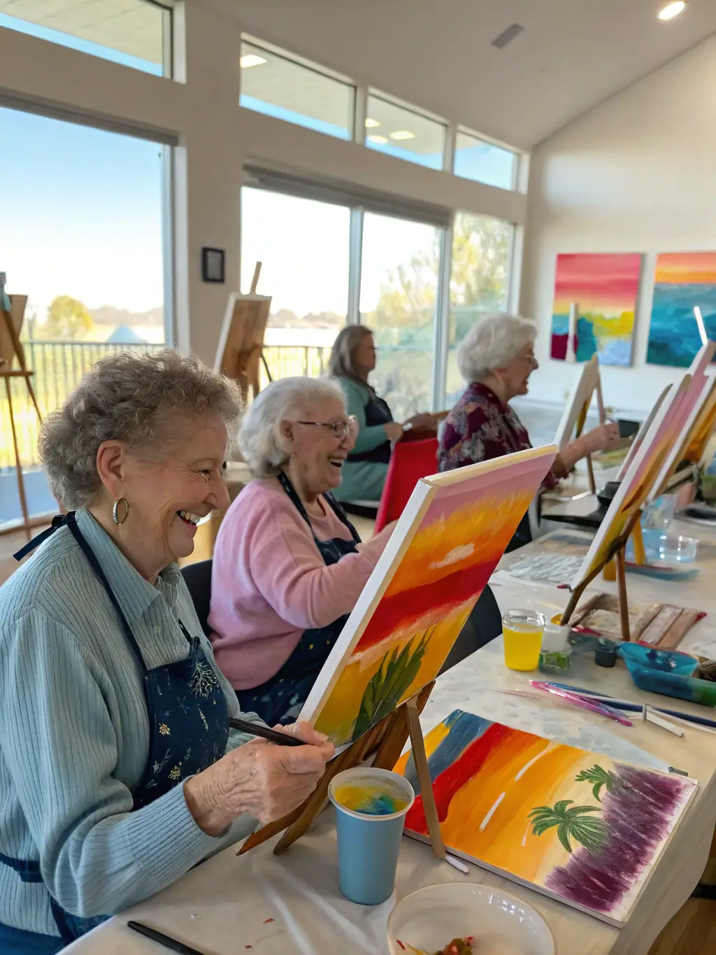 A photo of seniors engaged in a stimulating activity like painting or playing cards at Calmgrandpa, highlighting the center's commitment to lifelong learning and engagement.