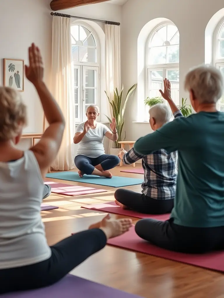 A serene image of seniors participating in a gentle yoga class at Calmgrandpa, emphasizing the center's focus on wellness and relaxation.