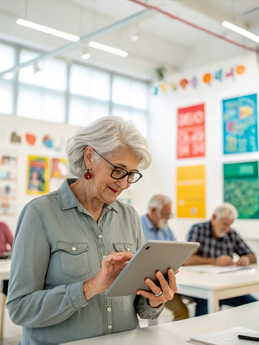 A group of seniors learning how to use tablets in a technology workshop at Calmgrandpa, with an instructor guiding them through the basics.